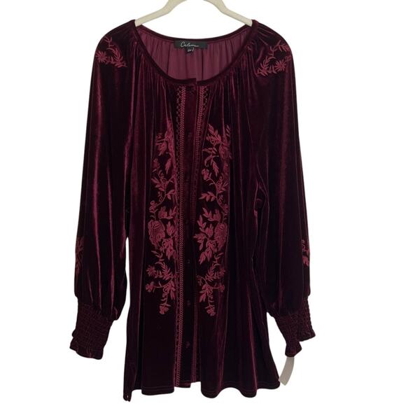 Calessa Womens Velvet Blouse Size 2X Burgundy Crimson Embroidered Boho Top - Picture 1 of 8